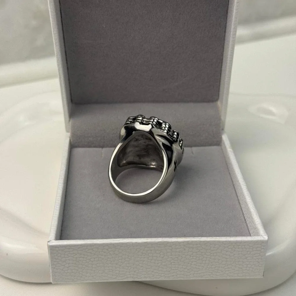 Mens Silver Skull Statement Ring Size 10 Large Biker Chain Design Cross Detail